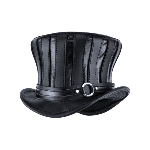 Mad Hatter Black Leather Top Hat Steampunk Tea Party Chrome Ring Band Angle Subverse