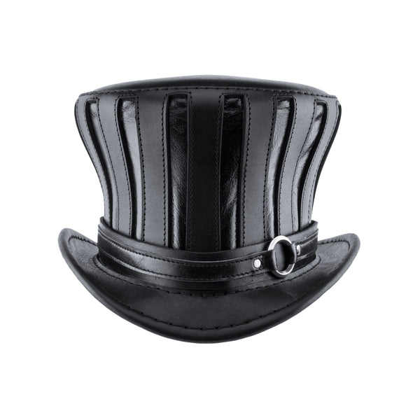 Mad Hatter Black Leather Top Hat Steampunk Tea Party Chrome Ring Band Front Subverse