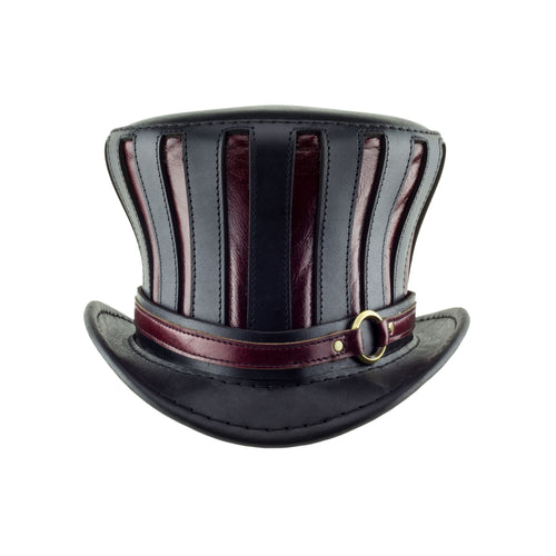 Mad Hatter Leather Top Hat in Black and Red Steampunk Coachman front Subverse