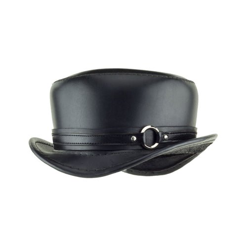 Pinkerton Black Leather Top Hat with Black/Chrome Goth Ring Band angle Subverse