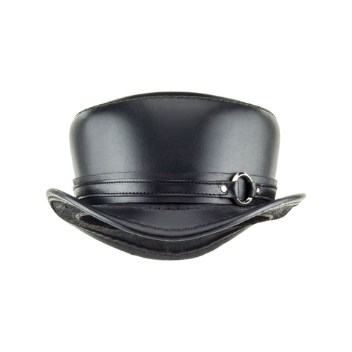 Pinkerton Black Leather Top Hat with Black/Chrome Goth Ring Band Front Subverse