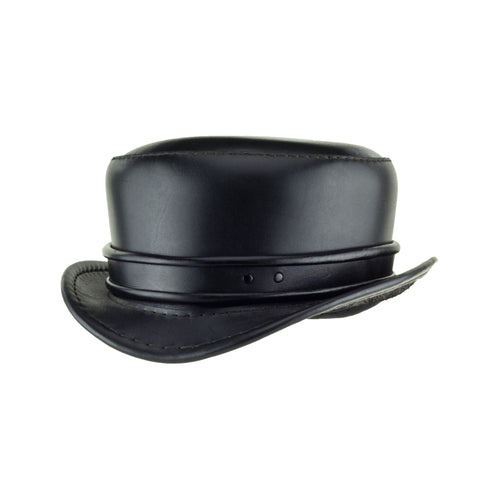 Pinkerton Black Leather Top Hat with Classic black rolled edge band angle subverse