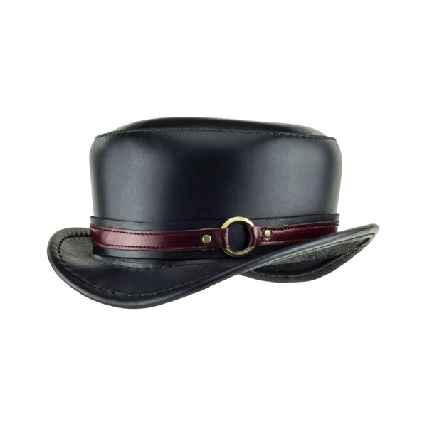 Pinkerton Black Leather Top Hat with Steampunk brass ring band angle subverse