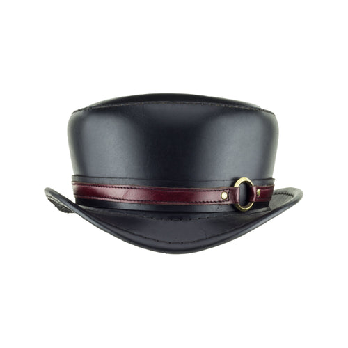 Pinkerton Black Leather Top Hat with Steampunk brass ring band front subverse