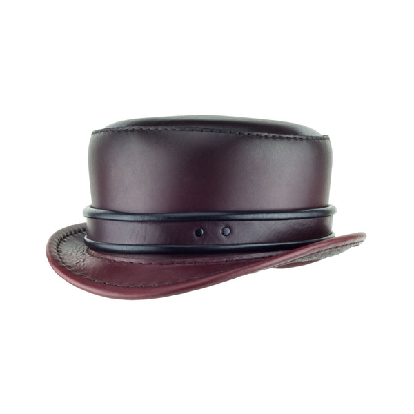 Pinkerton Oxblood Leather Top Hat with Classic Rolled Black/red rolled edge band angle Subverse