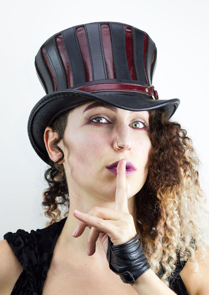 Mad Hatter Leather Top Hat in Black and Red Steampunk Coachman Subverse Arianna